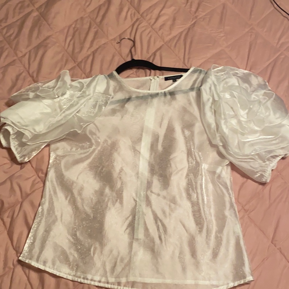 White , high shouldered 3D flower ,sheer blouse